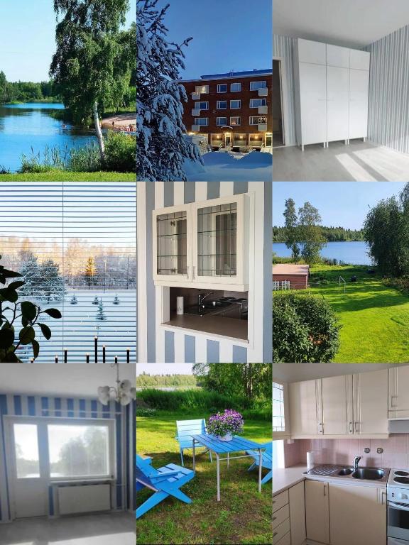 a collage of photos of a kitchen and a house at Merikarhun kaksio - apartment by the sea, 5 mins off the highway in Kemi