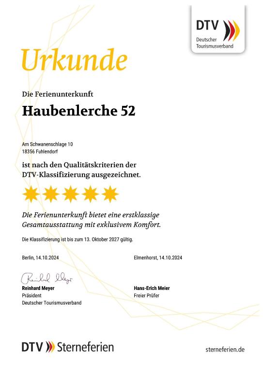 Certifikát, hodnocení, plakát nebo jiný dokument vystavený v ubytování Ferienhaus Haubenlerche 52