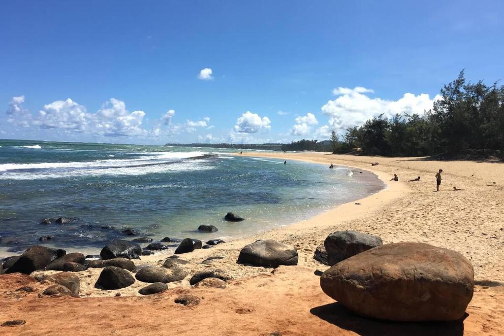 una spiaggia con rocce e persone sulla spiaggia di Lucy Fan Ohana a Haiku