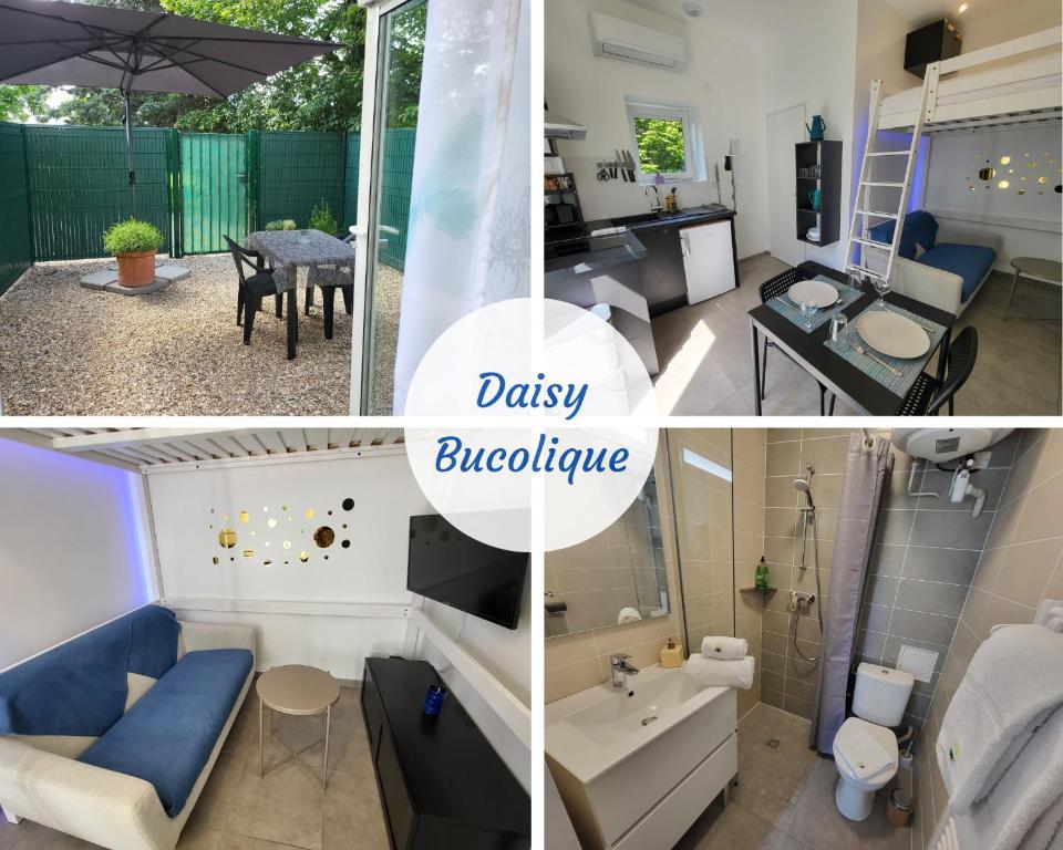 a collage of photos of a living room and a bathroom at Daisy Bucolique #Parking #Terrasse #Calme in Irigny