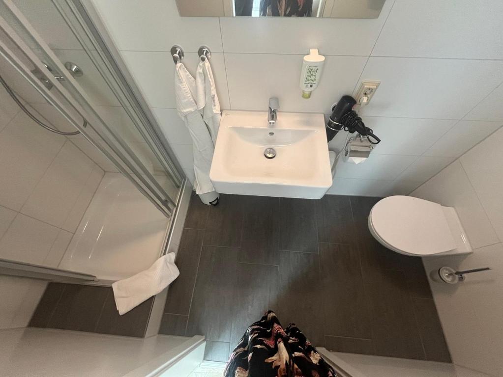 a small bathroom with a sink and a toilet at Pension am Park in Rust