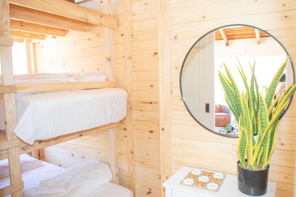 a bedroom with two bunk beds and a mirror at Bushman Valley in Prince Albert