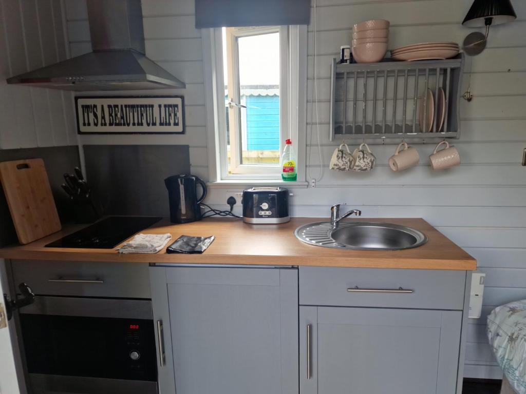 Una pequeña cocina con fregadero y ventana. en Glan yr Afon Un - Relax Recuperate Enjoy, en Welshpool