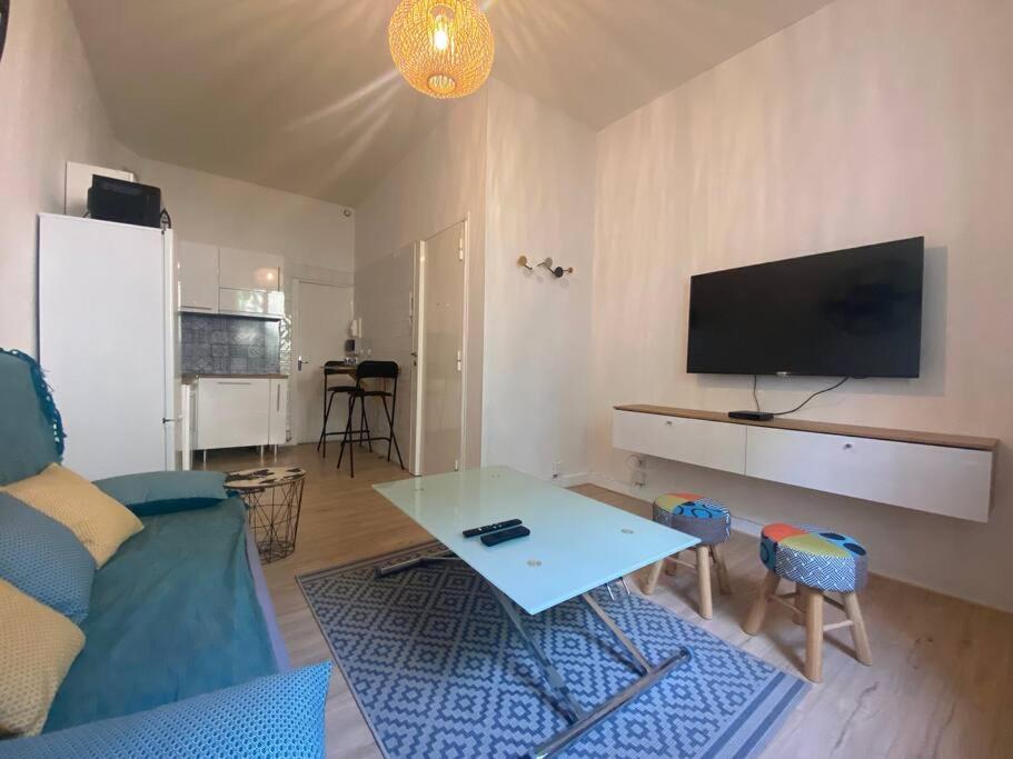 un salon avec un canapé, une table et une télévision dans l'établissement Appartement proche de la gare, à Montpellier