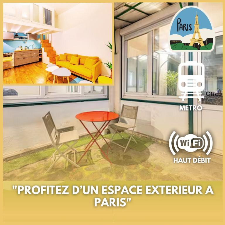 une photo d'un salon avec un canapé jaune et une table dans l'établissement Joli - Lovely studio Paris, à Paris