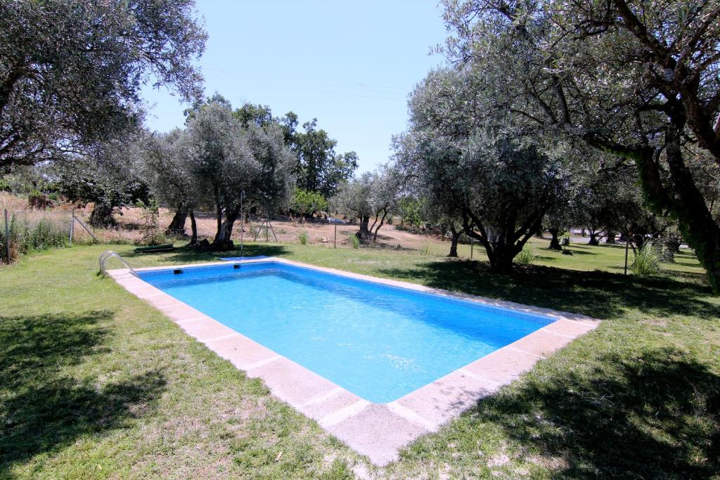 a swimming pool in a field with trees at Hotel Rural Hojaranzos in Tejeda de Tiétar