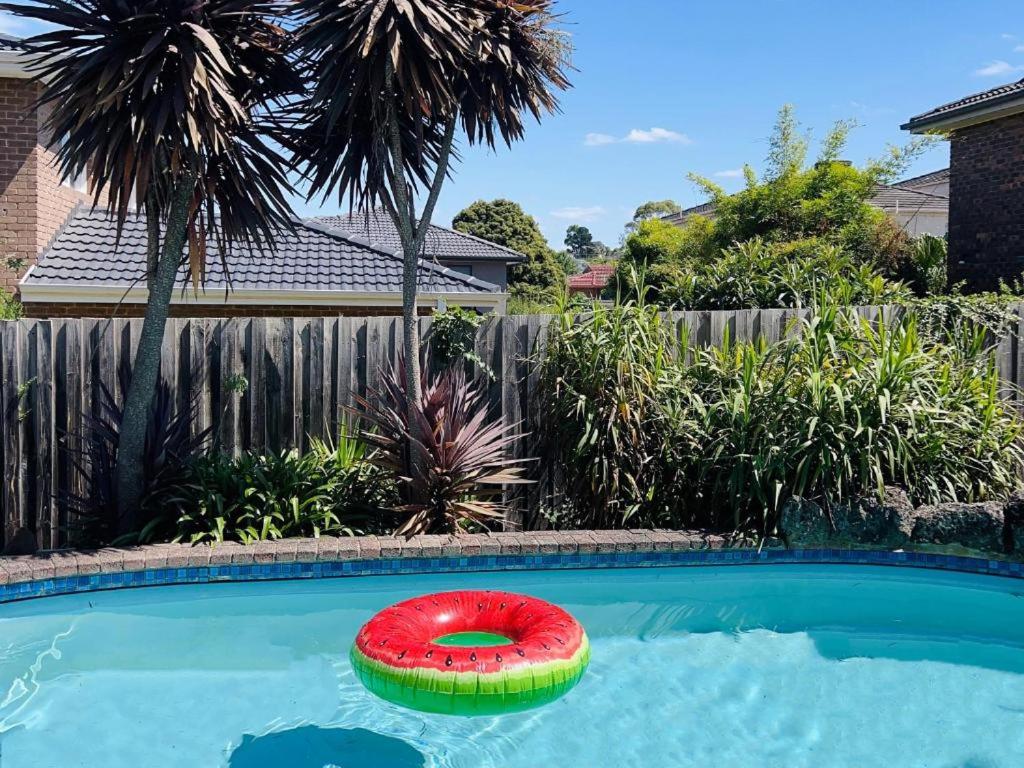 a red and green frisbee in a swimming pool at Villa pool garden in Melbourne