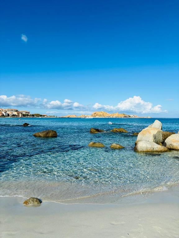 une plage avec des rochers dans l'eau par temps clair dans l'établissement Appartamento con giardino a 50 m dal mare, à LʼÎle-Rousse