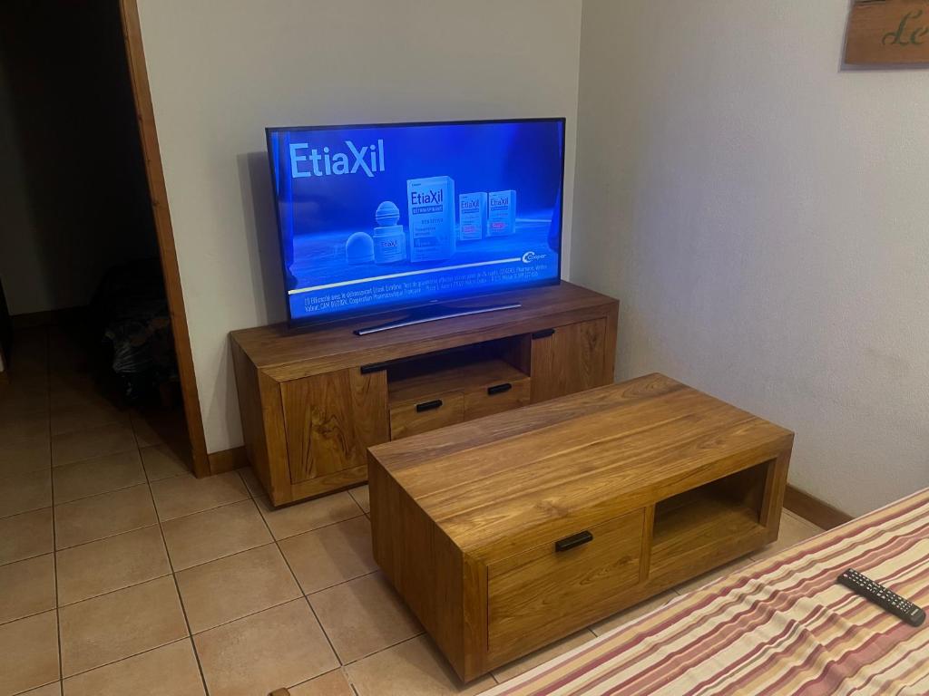 - une télévision à écran plat assise sur un support en bois dans l'établissement Appartement Samoëns, à Samoëns