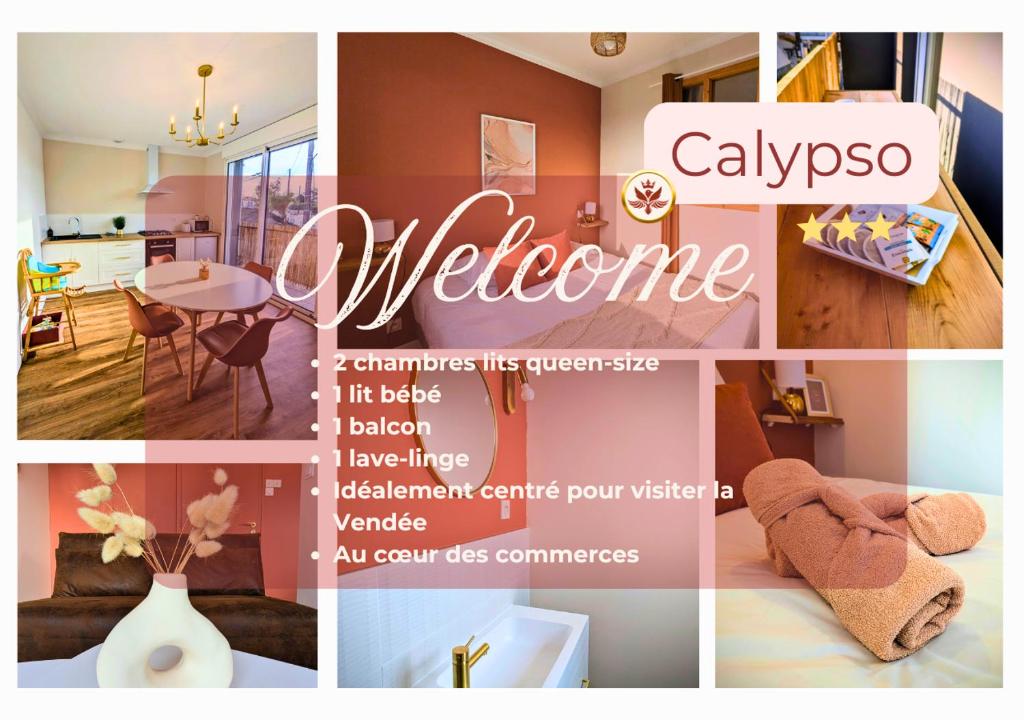 un collage de photos d'une pièce dans l'établissement Solen Évasion - Calypso - Vacances en Vendée, à Aizenay