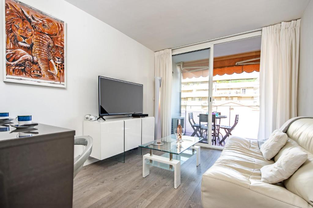 un salon avec un canapé et une télévision dans l'établissement AIGLON - Agréable 2 pièces - 50 m du bord de mer, à Roquebrune-Cap-Martin