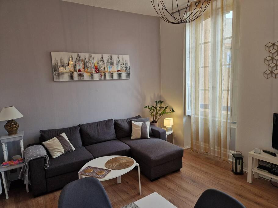 un salon avec un canapé et une table dans l'établissement Appartement cosy hypercentre, à Narbonne