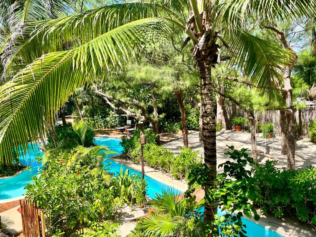 an aerial view of a resort pool with palm trees at The Beach Tulum Hotel in Tulum