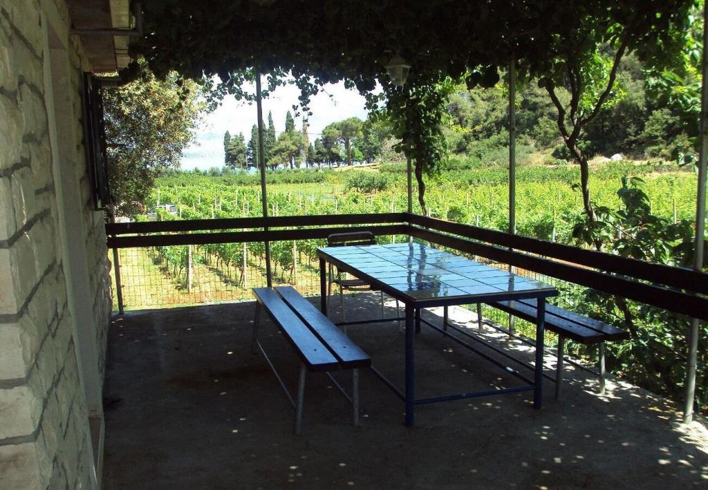 a table and bench with a view of a field at House Lidija in Postira