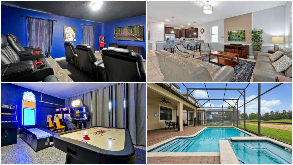 a collage of pictures of a living room and a pool at Tropical Nights - 8 bed ChampionsGate Resort family pool home in Davenport