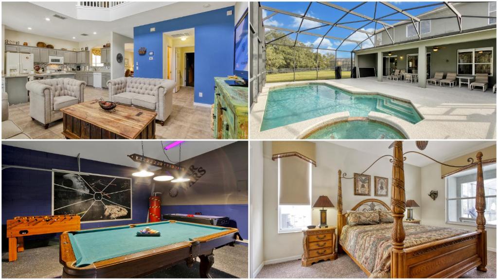 een collage van foto's van een huis met een pooltafel bij Mickeys Sunspot - 6 bed Emerald Island Resort pool home in Kissimmee