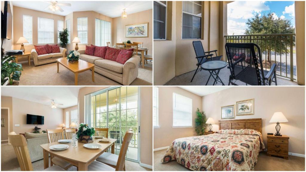 three pictures of a bedroom and a living room at Disney's Den - Closer to all the fun! in Davenport