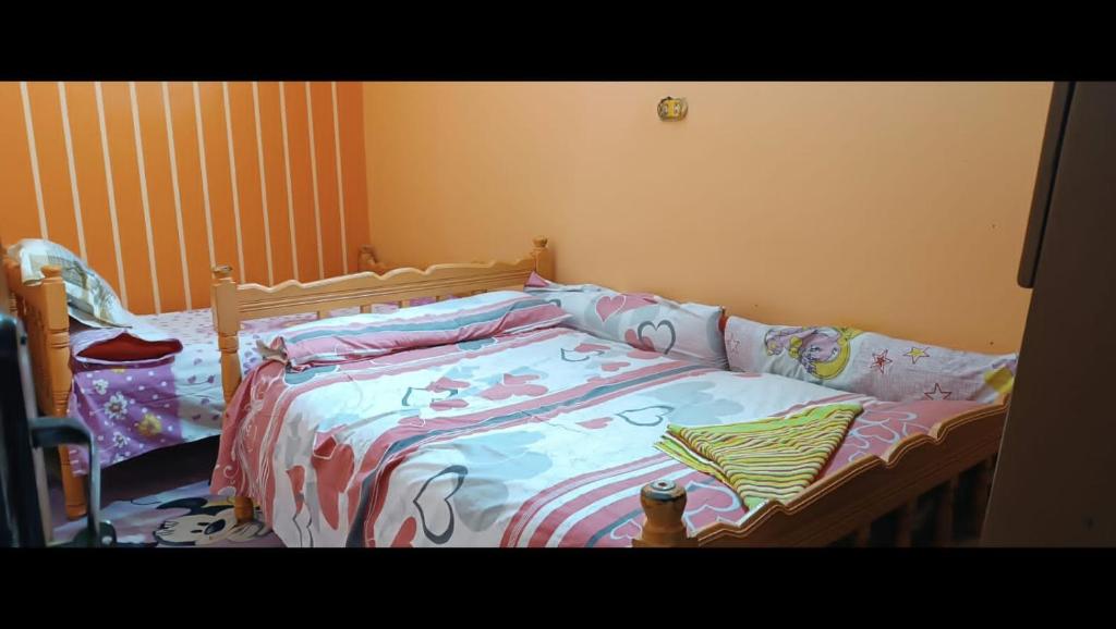 a bedroom with a bed with a comforter on it at محافظه اسوان جزيره اسوان النجع البحرى in Aswan