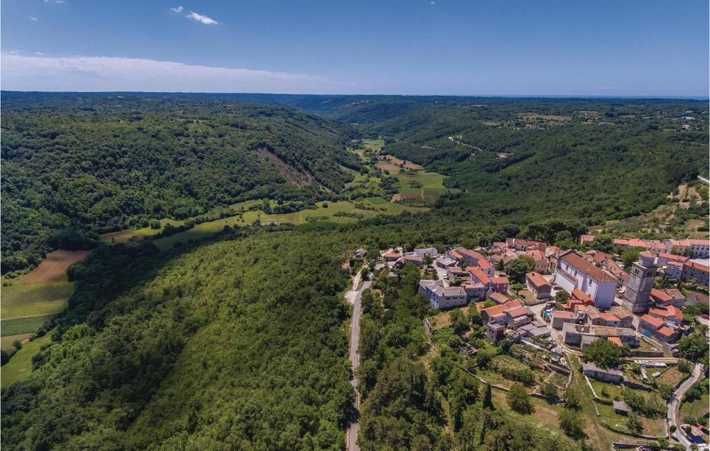widok z powietrza na małą wioskę w lesie w obiekcie Cozy Home In Tinjan With Jacuzzi w mieście Tinjan