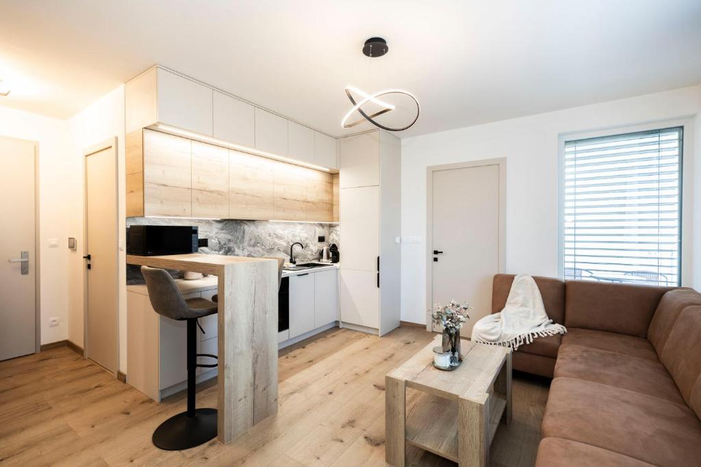 Kuchyň nebo kuchyňský kout v ubytování ALURE RESIDENCES 9 & 24h self check-in, private parking in front of the apartment building included, new building, terrace, the apartment building has its own park with a lake and outdoor fitness, children's playground, CITY CENTER