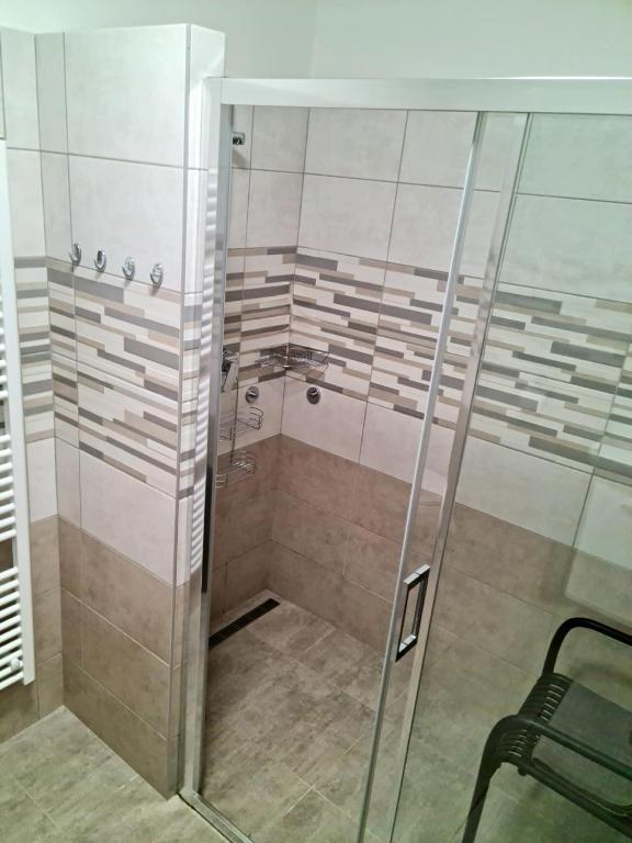 W łazience znajduje się prysznic ze szklanymi drzwiami. w obiekcie Apartmány Žireč w mieście Dvůr Králové nad Labem