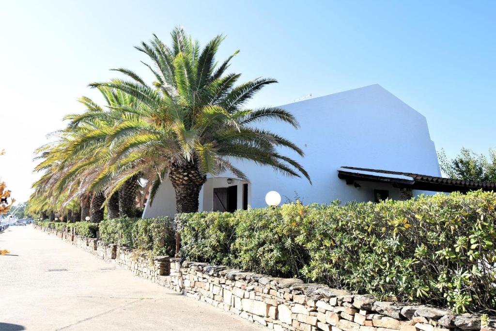 a row of palm trees next to a building at Villa Sul Porto in Porto Ottiolu