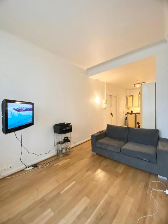 un salon avec un canapé et une télévision à écran plat dans l'établissement Grand studio à 12 min de PARIS, à Colombes