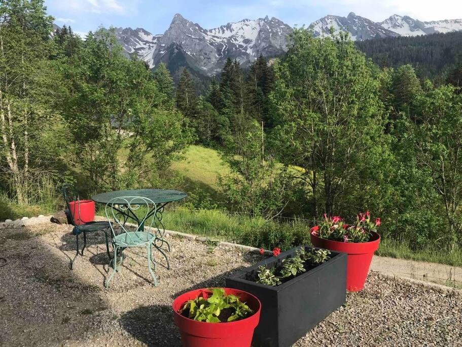 d'une terrasse avec une table et des plantes en pots. dans l'établissement Le Nid du Farzy, au cœur des Aravis, au Grand-Bornand