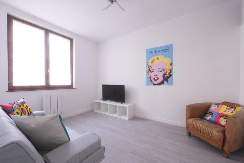 a living room with a couch and a tv at Appartement Wahrol in Bellegarde-sur-Valserine