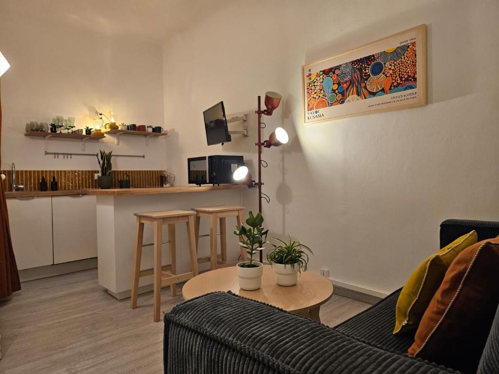 un salon avec un canapé et une table dans l'établissement Le Pharo, emplacement exceptionnel 2 minutes du vieux port appartement rénové, à Marseille