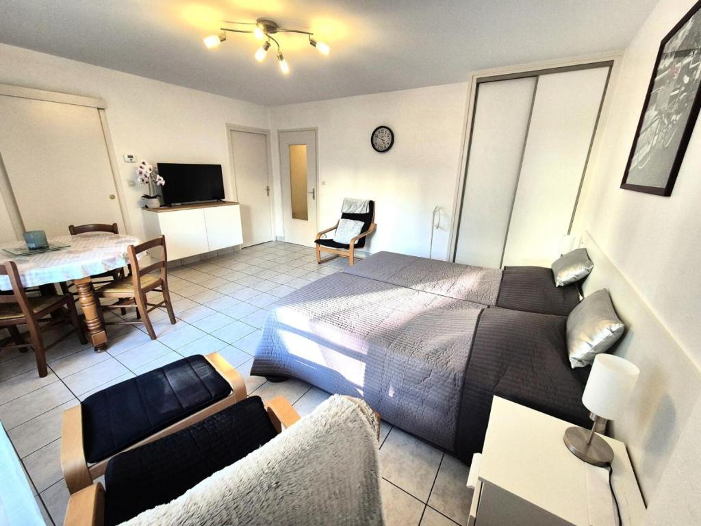 une chambre avec un lit et un salon dans l'établissement Residence Du Temple - Agréable studio, très fonctionnel et bien agencé ! MAE-7124, à Aix-les-Bains