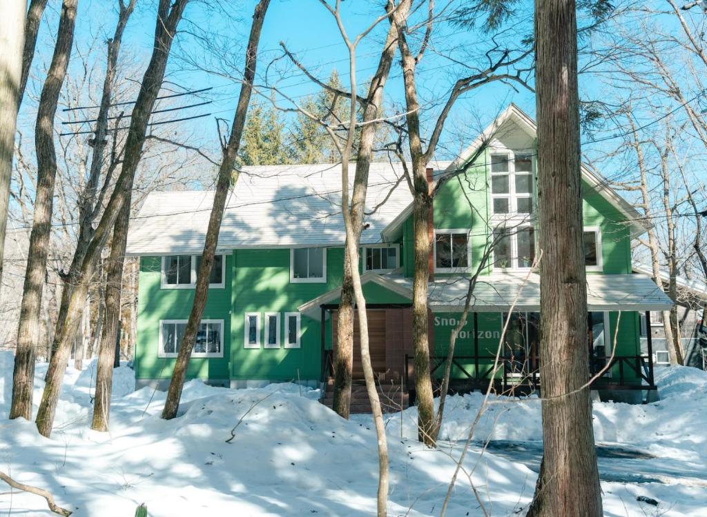 白马村Snow Horizon的树林中的雪地中的绿色房子