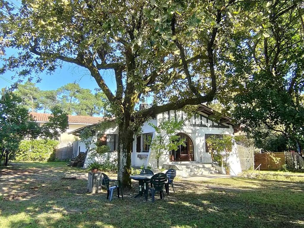 une table et des chaises sous un arbre devant une maison dans l'établissement Charmante villa avec jardin clos, à 100m du Bassin d'Arcachon, proche plages et commerces, Wi-Fi - FR-1-736-47, à Lège-Cap-Ferret