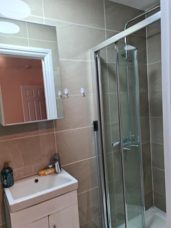 a bathroom with a shower and a sink and a mirror at A memorable place in London, Plaistow in London