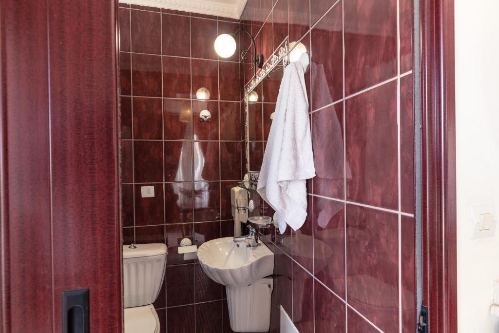 a red tiled bathroom with a toilet and a sink at Agistri Hotel in Skala