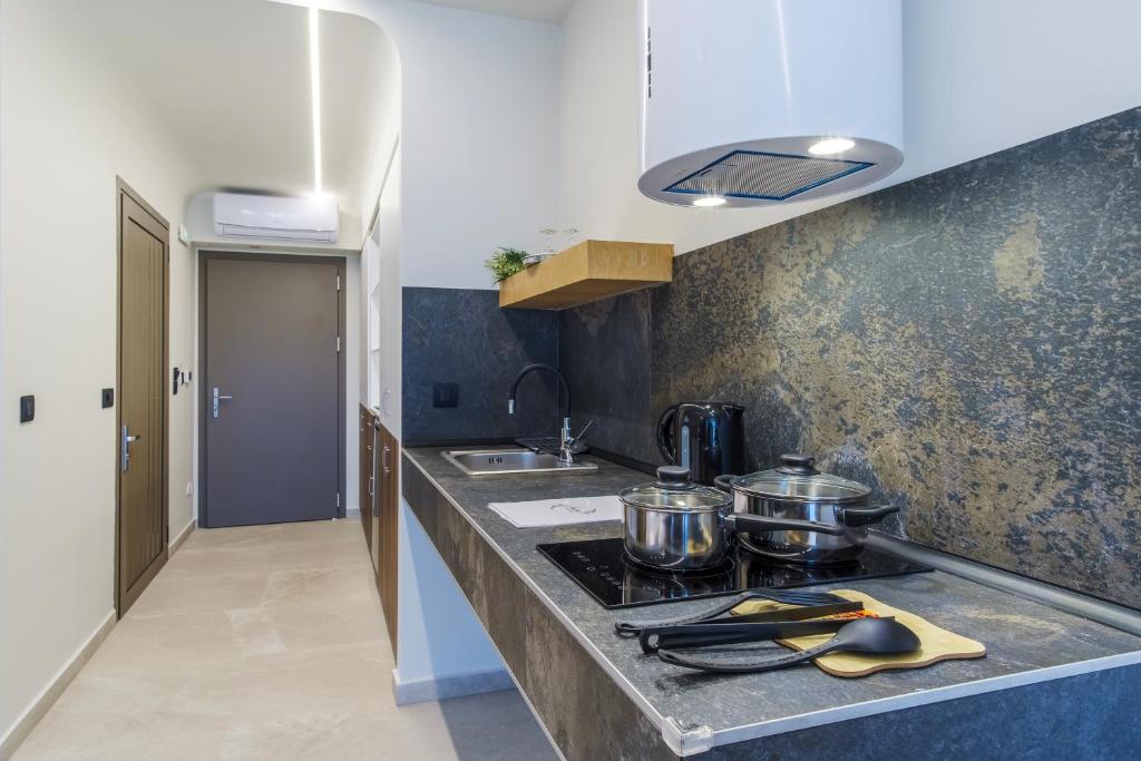 Kuchyň nebo kuchyňský kout v ubytování Aura Luxury Suites - Olympiada Seaside Getaways