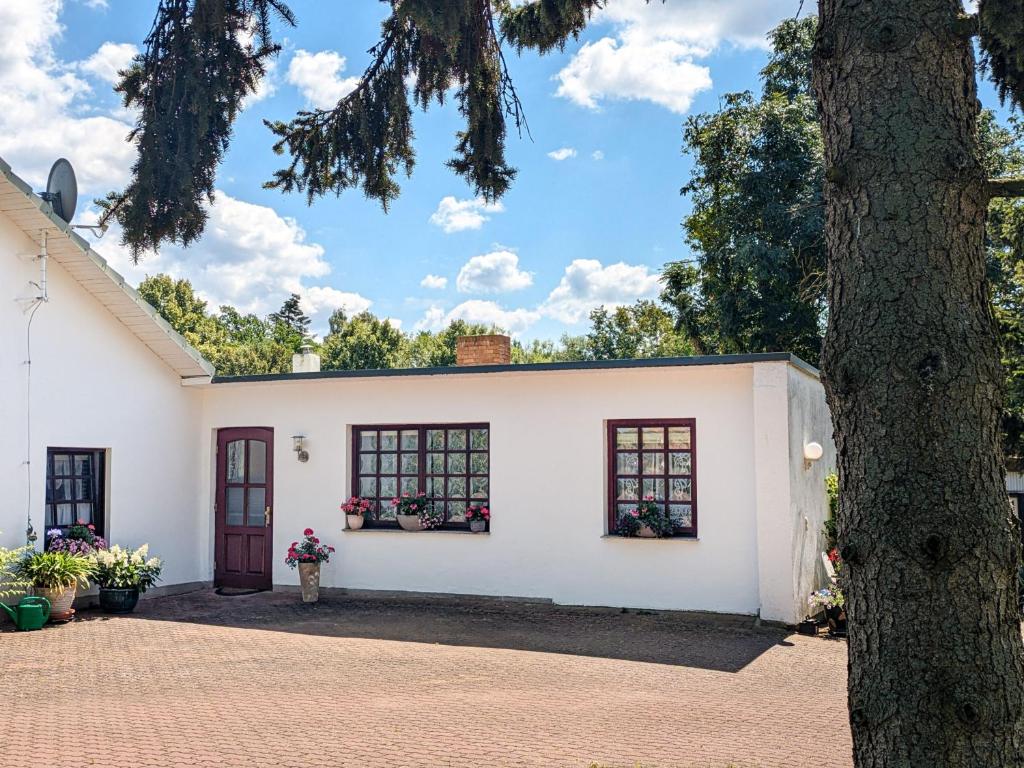 a white house with windows and a tree at Ferienhaus Plauer Oase in Plau am See