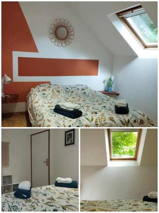 une chambre avec un lit et une pièce avec une fenêtre dans l'établissement Gîte nature proche Saint Malo, à Miniac-Morvan