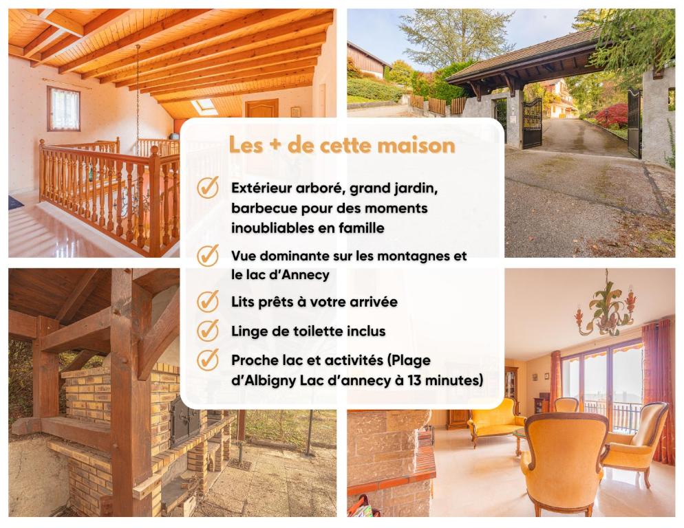 un collage de photos d'une maison avec un panneau dans l'établissement Lac & Sérénité, Vue époustouflante Montagne & Lac, à Pringy