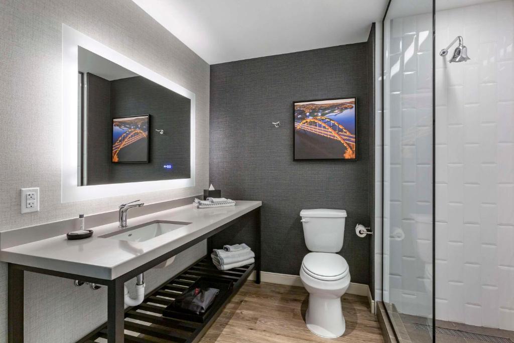 a bathroom with a sink and a toilet and a mirror at Cambria Hotel Austin Airport in Austin