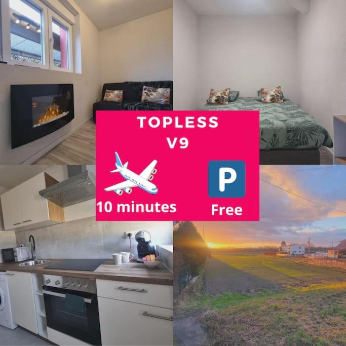 a collage of three pictures of a room with a plane at Top appart V9 in Village-Neuf