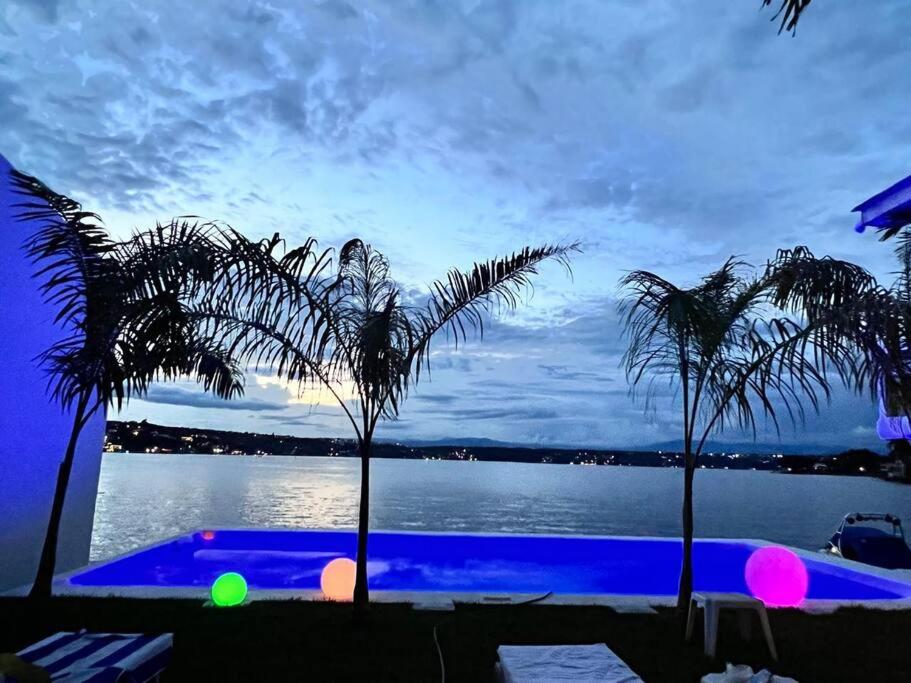 a view of a body of water with palm trees at Casa Mediterránea, lujo y confort junto al lago in Tequesquitengo