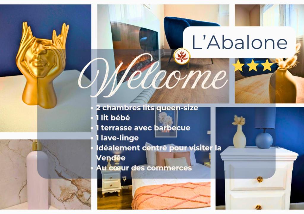 un collage de photos d'une pièce aux murs bleus dans l'établissement Solen Évasion - L'Abalone - Vacances en Vendée, à Aizenay