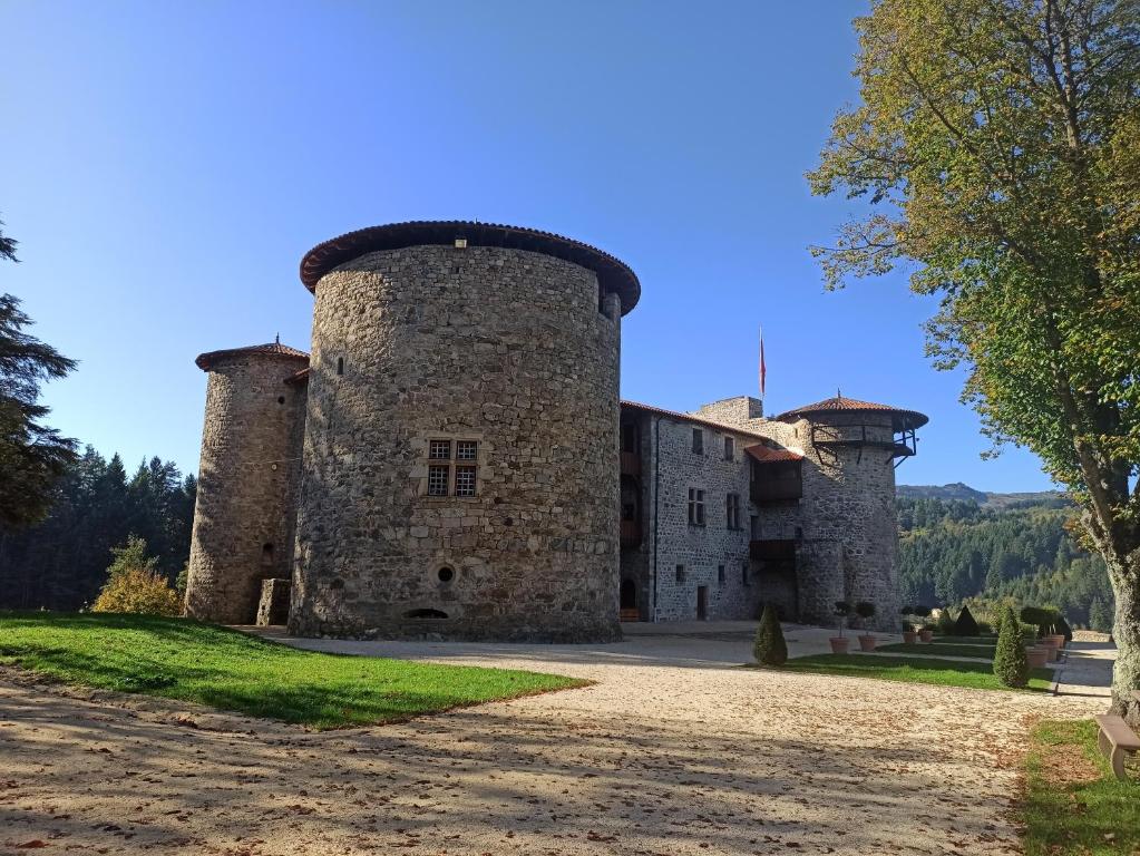 stary zamek z dwoma wieżami na polnej drodze w obiekcie Gîte la côte des bleuets de Retourtour w mieście Lamastre
