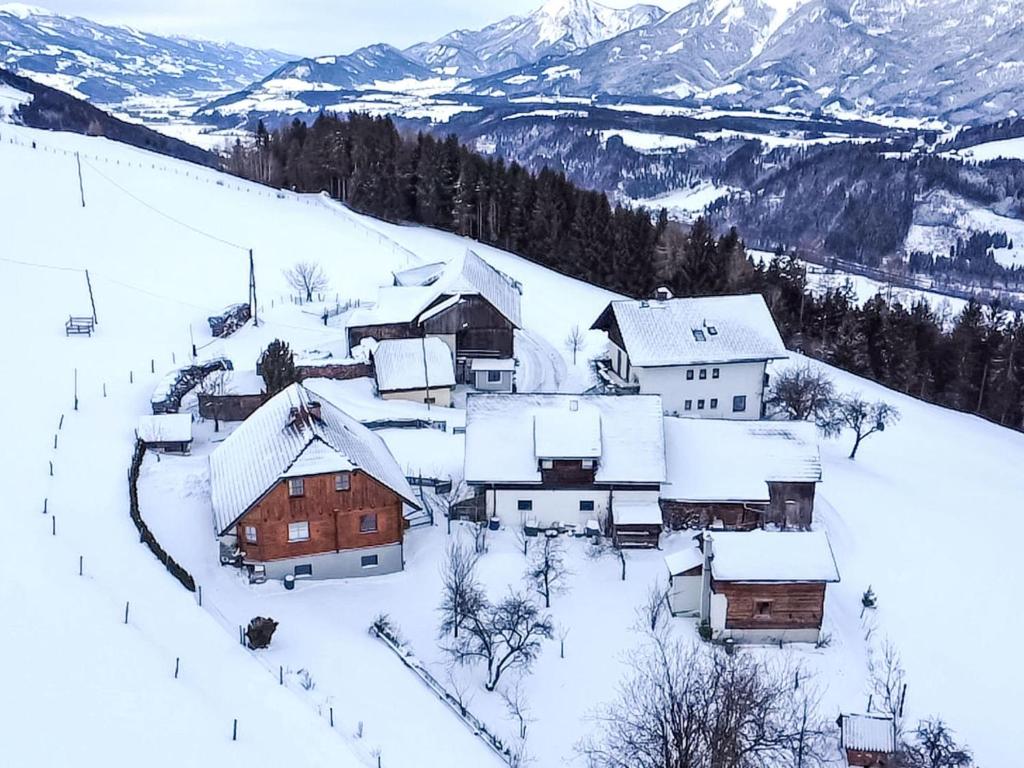 a village covered in snow on a mountain at Apartment Ferienwohnung Grimmingblick by Interhome in Öblarn