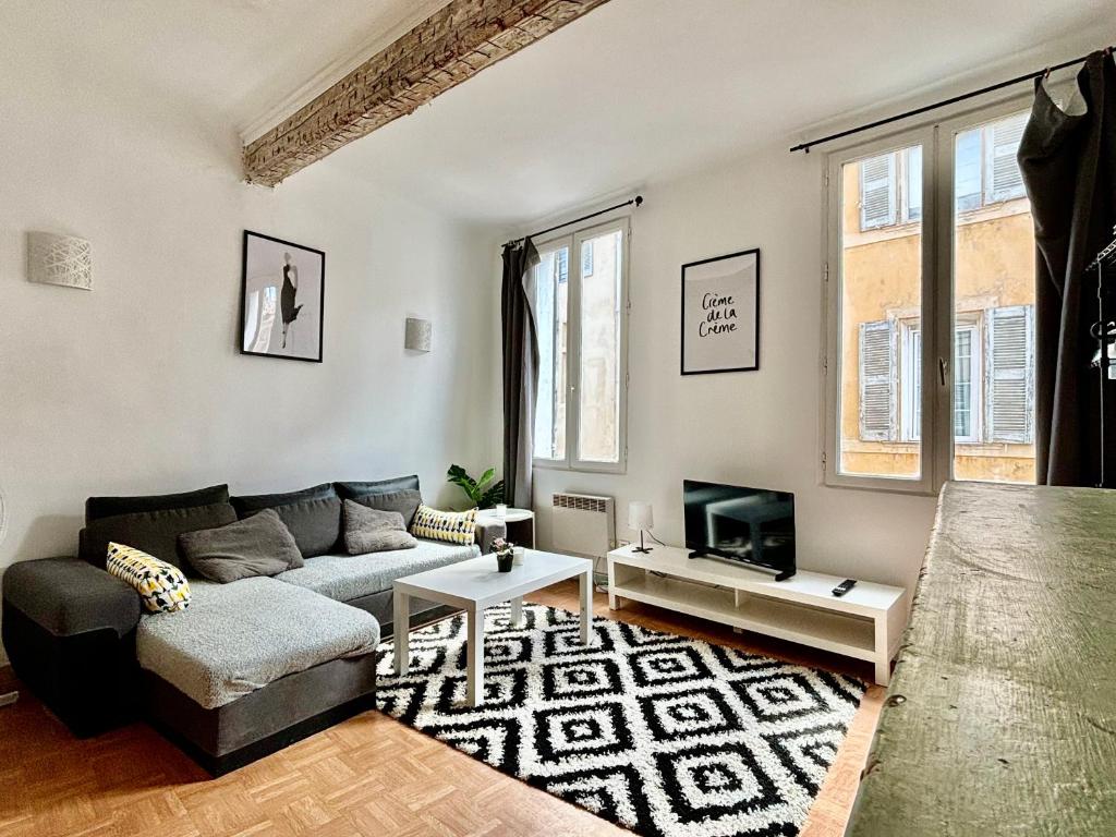 un salon avec un canapé et une télévision dans l'établissement Charmant T1 mezzanine provençal, à Aix-en-Provence