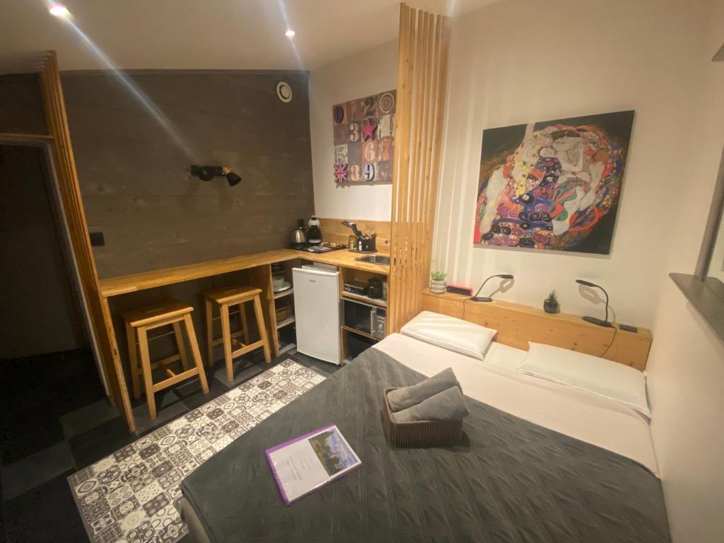 Cette petite chambre comprend un lit et une cuisine. dans l'établissement Le nid Nantais studio cosy à Nantes, parc - expo , stade La Beaujoire, à Nantes