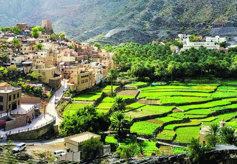 een stad met een dorp en een groen veld bij Mahalli Balad Sayt Heritage Inn in Bilād Sayt