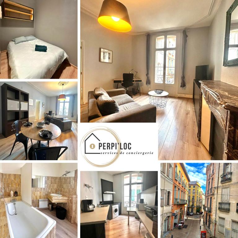 un collage de photos d'une chambre d'hôtel dans l'établissement Charmant appartement en hyper centre, à Perpignan