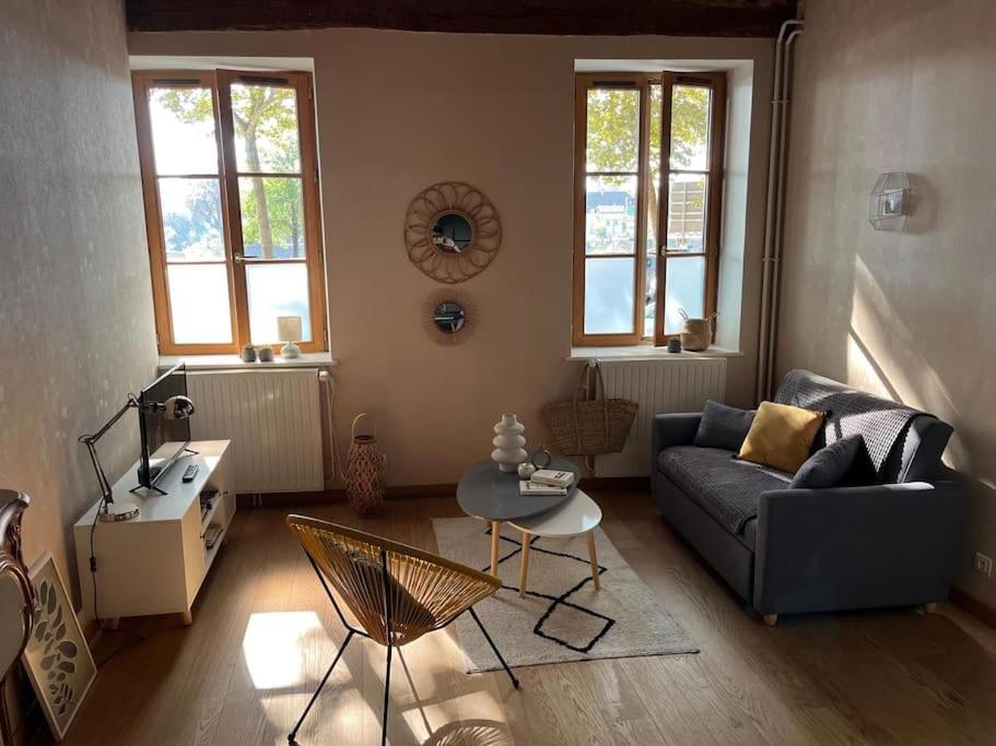 a living room with a couch and a table at La Maison aux volets bleus 37 m3, Bords de Saône in Chalon-sur-Saône